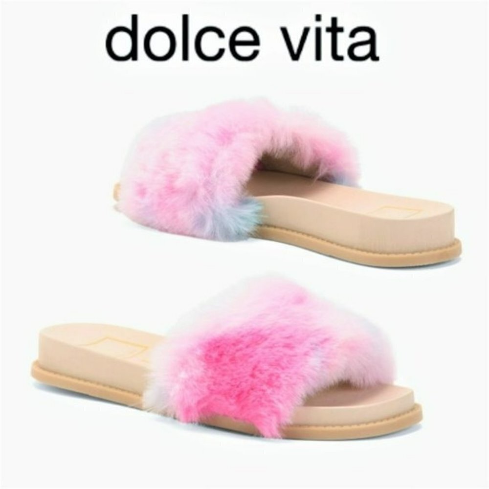 NWT DOLCE VITA Tie-Dye Faux Fur Slide Sandals